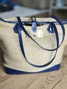 Jonathan Adler Woven Straw and Blue Leather Dutchess Tote Bag with Gold Hardware